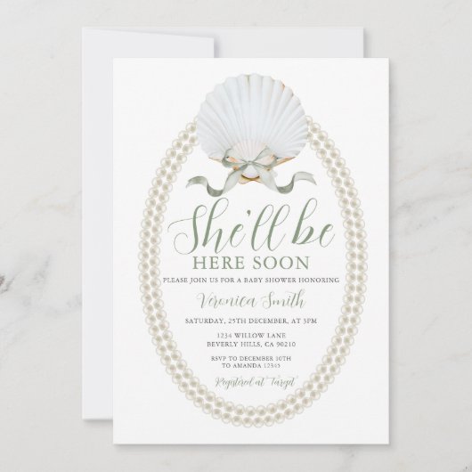 Invitation Bow She'll Be Here Soon Sea Shell Cute Baby Shower (Devant)