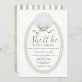 Invitation Bow She'll Be Here Soon Sea Shell Cute Baby Shower (Devant / Derrière)