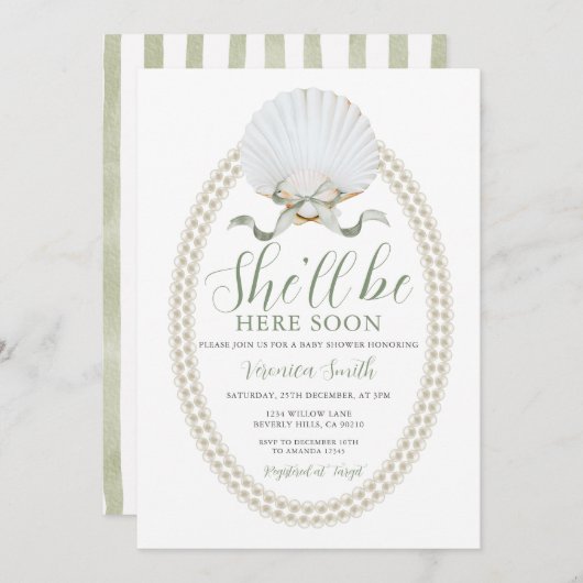 Invitation Bow She'll Be Here Soon Sea Shell Cute Baby Shower (Devant / Derrière)