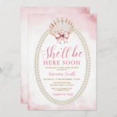 Invitation Bow She'll Be Here Soon Sea Shell Cute Baby Shower (Devant / Derrière)