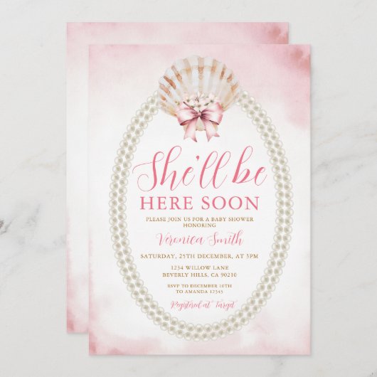 Invitation Bow She'll Be Here Soon Sea Shell Cute Baby Shower (Devant / Derrière)