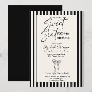 Invitation Bow Sweet 16 rayé noir Chic