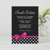 Invitation Bow Sweet Pois rose et noir 16 Anniversaire (Debout devant)