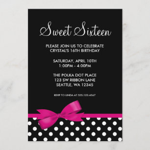 Invitation Bow Sweet Pois rose et noir 16 Anniversaire