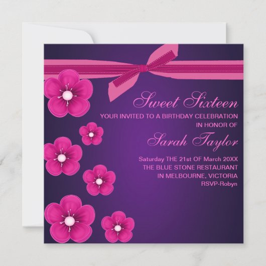 Invitation Bow/Sweet sixteen de fleurs PurpleInvitation Anniv (Devant)