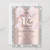 Invitation Bow,Tiara,Rose Gold Silver Glitter Sweet 16  (Devant)