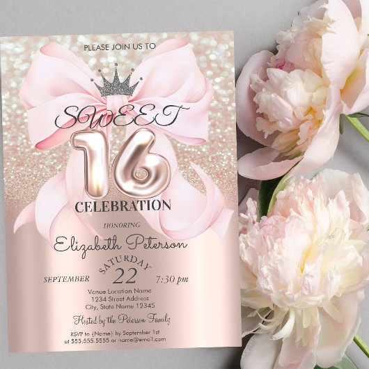 Invitation Bow,Tiara,Rose Gold Sweet 16 Glitter Bokeh