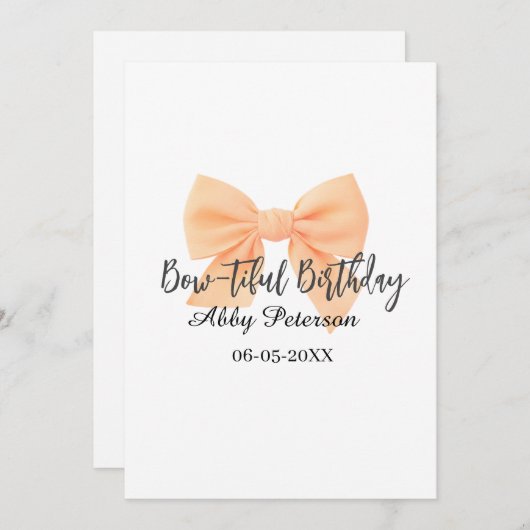 Invitation Bow-tiful birthday orange bow name date simple pas (Devant / Derrière)