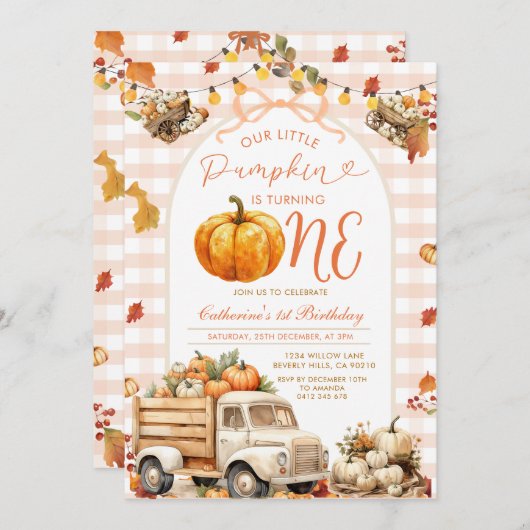 Invitation Bow Truck Citrouille 1er anniversaire Automne Auto (Devant / Derrière)