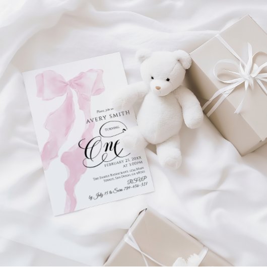 Invitation Bow Un Anniversaire Blush Minimal Rose Girl
