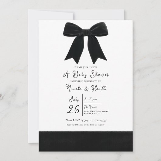 Invitation Bow velours noir Baby shower posh élégant (Devant)