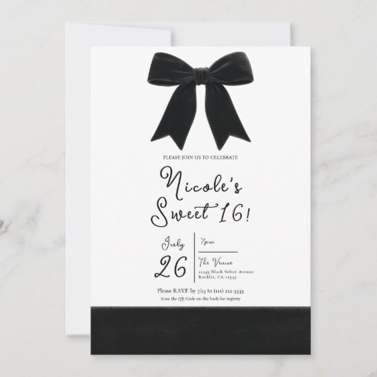 Invitation Bow velours noir Elegant Posh Sweet 16 Photo (Devant)
