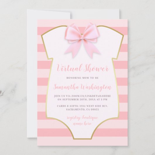 Invitation Bow Verre Doré Moderne & Pink Stripes Douche Virtu (Devant)