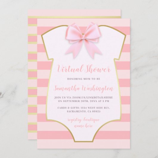 Invitation Bow Verre Doré Moderne & Pink Stripes Douche Virtu (Devant / Derrière)