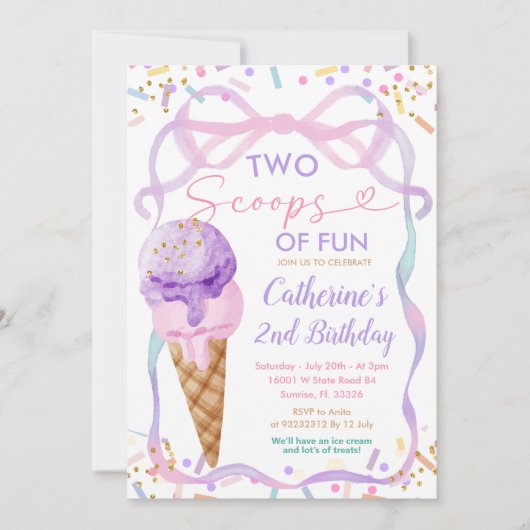 Invitation Bow Violet Deux Scoops De Crème Glacieuse Annivers (Devant)