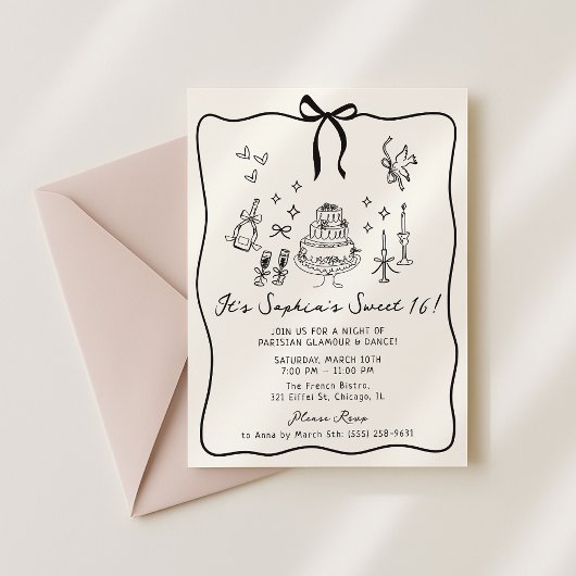 Invitation Bow Whimsical, dessiné à la main Sweet 16 Annivers