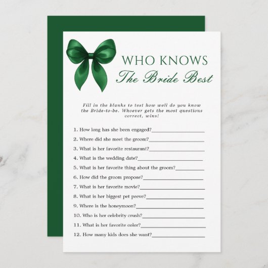 Invitation Bow Who Knows The Bride Best Bridal Shower Game (Devant / Derrière)