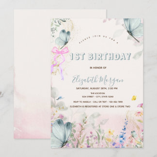 Invitation Bow Wildflowers Blue Butterflies  1st Birthday