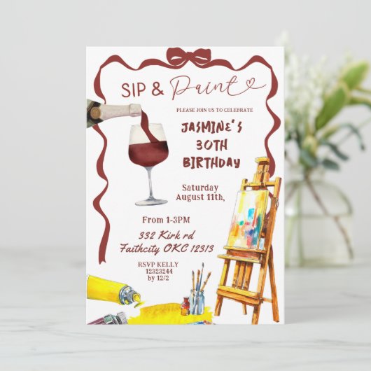 Invitation Bow Wine Sip et Paint Anniversaire (Debout devant)