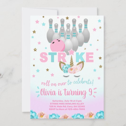 Invitation Bowling and unicorn girl birthday invite. (Devant)