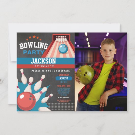 Invitation Bowling Anniversaire Blue Strike Amusants Bowl Boy (Devant)