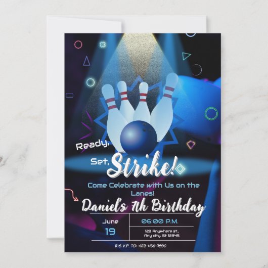 Invitation Bowling Anniversaire Fête Retro Neon (Devant)