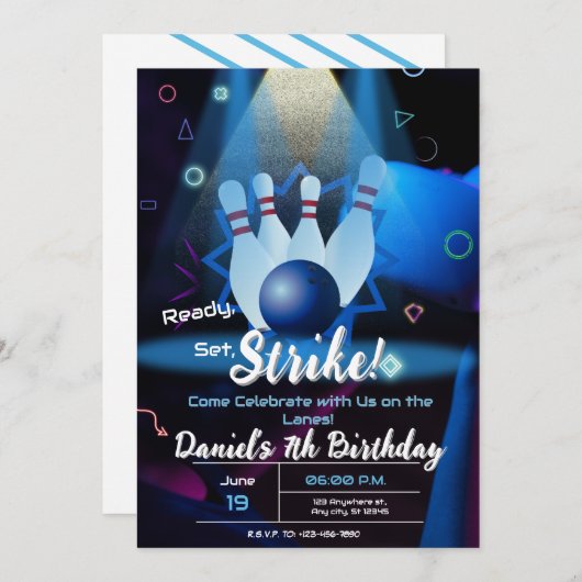 Invitation Bowling Anniversaire Fête Retro Neon (Devant / Derrière)