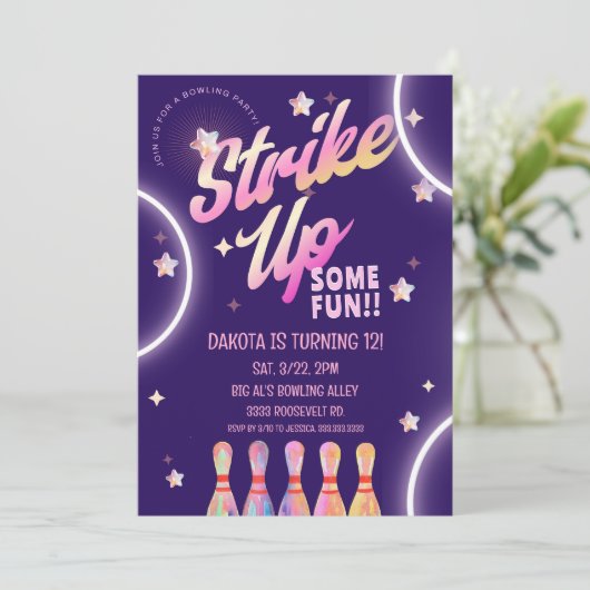 Invitation Bowling Anniversaire Neon Pink Party (Debout devant)