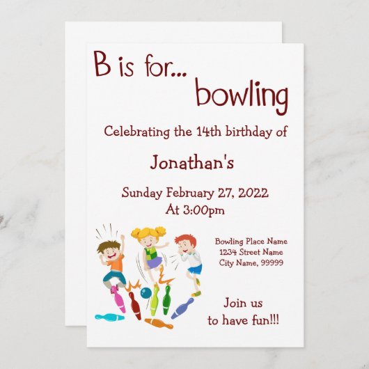 Invitation Bowling Anniversaire pour Bowling Party (Devant / Derrière)