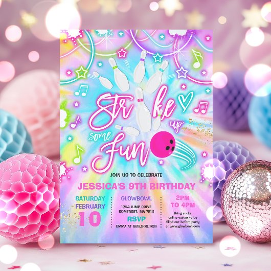 Invitation Bowling Anniversaire Tie Dye Glow Bowling Party