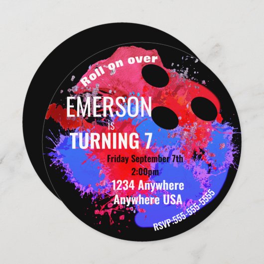 Invitation BOWLING BALL, bowling, Glow bowling anniversaire (Devant / Derrière)