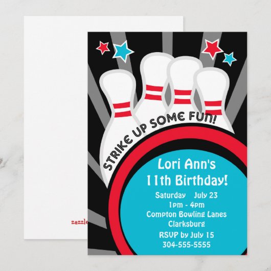 Invitation Bowling Birthday Party (Devant / Derrière)