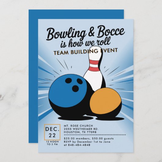Invitation Bowling Bocce Team Building Church Business Blue (Devant / Derrière)