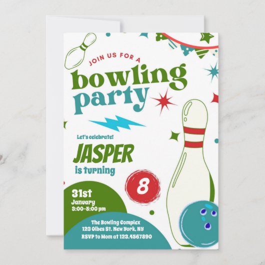 Invitation Bowling Boy fête d'anniversaire | Frapper Un Peu A (Devant)