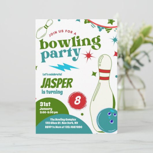 Invitation Bowling Boy fête d'anniversaire | Frapper Un Peu A (Debout devant)