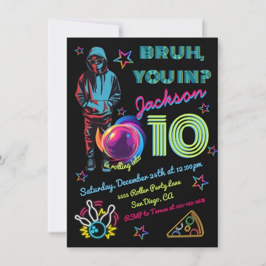 Invitation Bowling Bruh Neon Bowling Anniversaire (Devant)