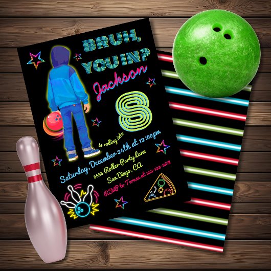 Invitation Bowling Bruh Neon Roller Patinage Anniversaire