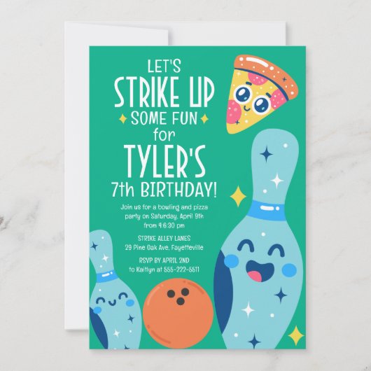 Invitation Bowling et Pizza Retro Anniversaire Fête Invitatio (Devant)