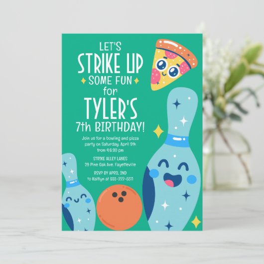 Invitation Bowling et Pizza Retro Anniversaire Fête Invitatio (Debout devant)