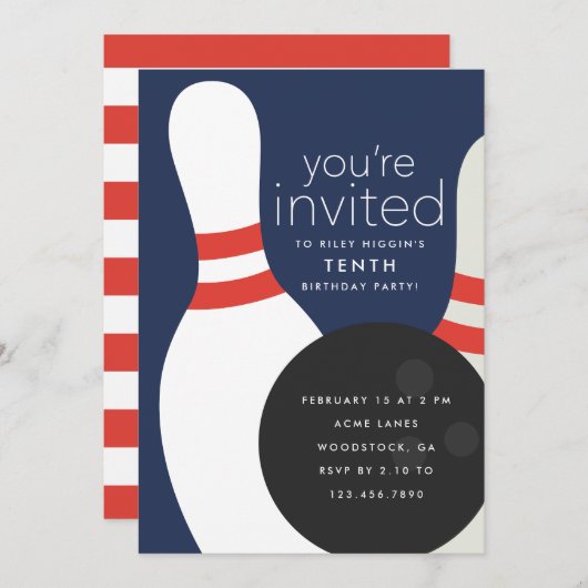 Invitation Bowling fête d'anniversaire (Devant / Derrière)