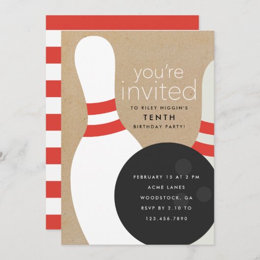 Invitation Bowling fête d'anniversaire (Devant / Derrière)