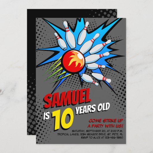 Invitation Bowling fête d'anniversaire (Devant / Derrière)