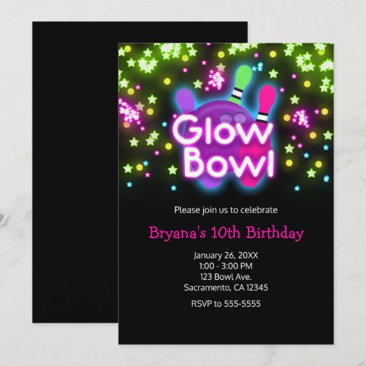 Invitation Bowling Glow Bowl Étoiles Néon Fête d'anniversaire (Devant / Derrière)