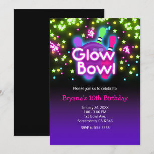 Invitation Bowling Glow Bowl Étoiles Néon Fête d'anniversaire