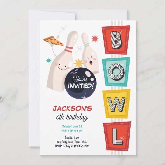 Invitation Bowling Grève Un Retro Fun Garçon Anniversaire (Devant)
