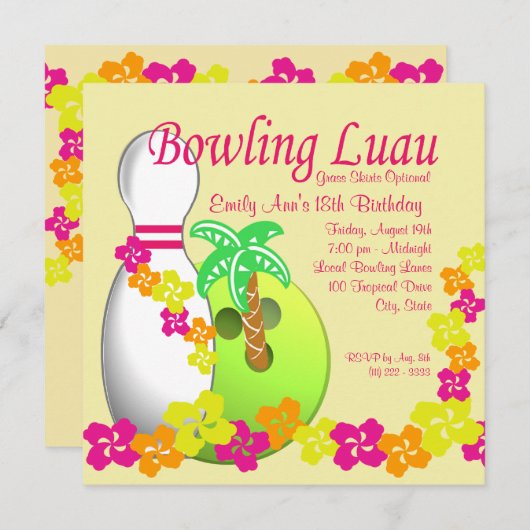 Invitation Bowling Luau (Devant / Derrière)