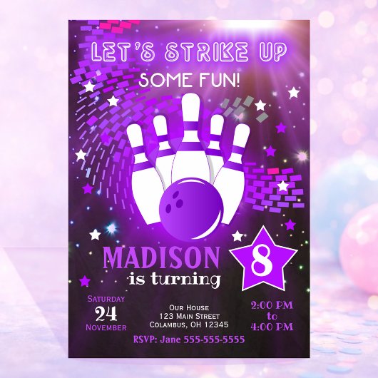 Invitation Bowling Néon Lumineux Fille Bowling Ann