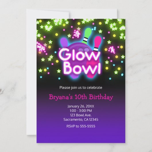 Invitation Bowling Neon Stars Anniversaire (Devant)
