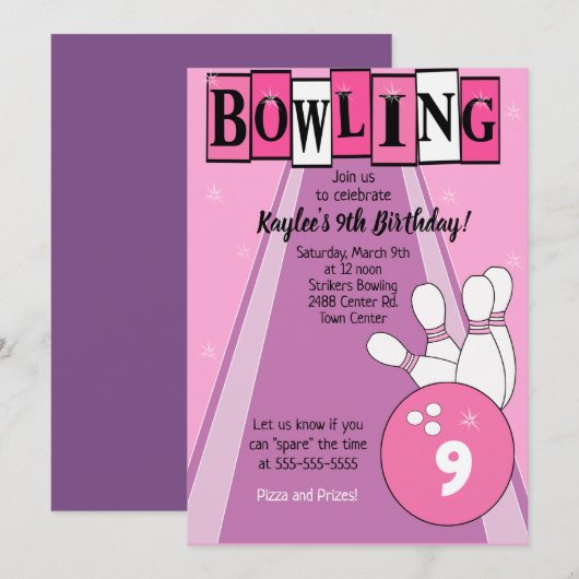 Invitation Bowling Party Pink Girls Anniversaire (Devant / Derrière)