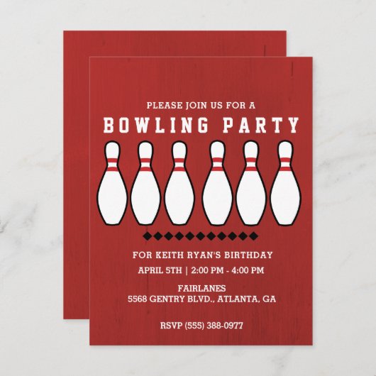 Invitation Bowling Pin fête d'anniversaire (Devant / Derrière)